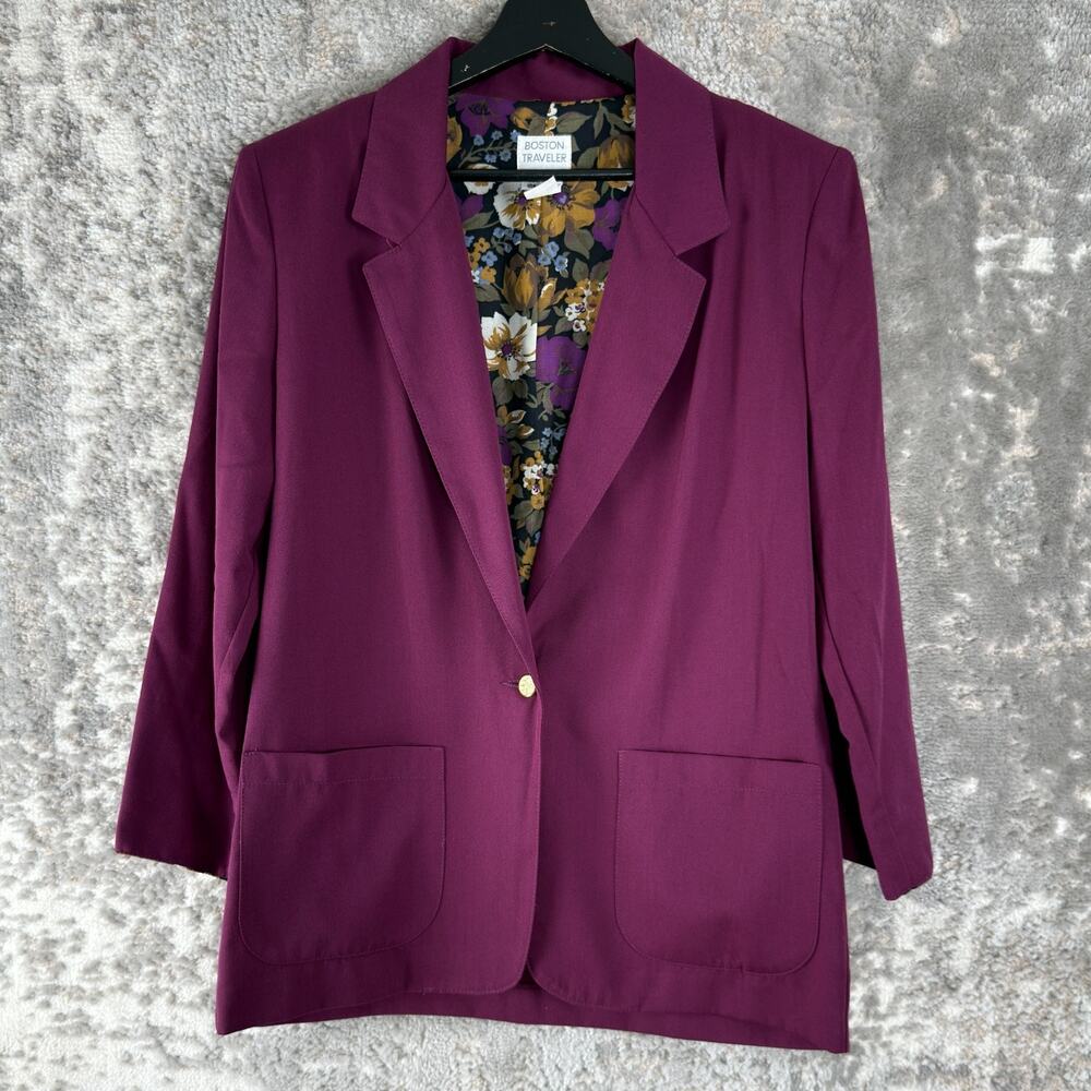 Boston Traveler Size 9-10 Career Notched Floral‎ Lined Blazer Jacket Purple